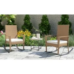 Ensemble De Meuble Fauteuil à Bascule, Chaise Berçante De Relaxation Rocking Chair En Résine Tressée Avec Coussin Et Table Pour Salon, Terrasse, Beige - Mondeer -Pas Cher Fauteuil Magasin 59471776 5