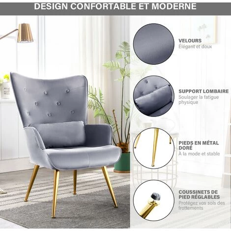 YOUTHUP Fauteuil Au Style Scandinave Fauteuil En Velours à Dossier Capitonné Rembourré Confort Moderne Chaise De Vanité Avec Dossier Haut Et Pieds Métal Doré Oreiller Lombaire Pour Salon Chambre Cuisine, Gris 4 YOUTHUP Fauteuil Au Style Scandinave Fauteuil En Velours à Dossier Capitonné Rembourré Confort Moderne Chaise De Vanité Avec Dossier Haut Et Pieds Métal Doré Oreiller Lombaire Pour Salon Chambre Cuisine, Gris â Image 2