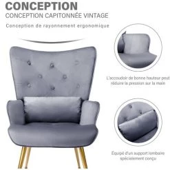 YOUTHUP Fauteuil Au Style Scandinave Fauteuil En Velours à Dossier Capitonné Rembourré Confort Moderne Chaise De Vanité Avec Dossier Haut Et Pieds Métal Doré Oreiller Lombaire Pour Salon Chambre Cuisine, Gris 9 YOUTHUP Fauteuil Au Style Scandinave Fauteuil En Velours à Dossier Capitonné Rembourré Confort Moderne Chaise De Vanité Avec Dossier Haut Et Pieds Métal Doré Oreiller Lombaire Pour Salon Chambre Cuisine, Gris -Pas Cher Fauteuil Magasin 59761474 3