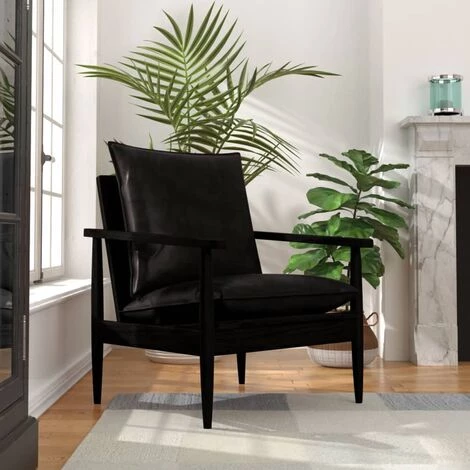 INLIFE Fauteuil Noir Cuir Véritable Avec Bois D'acacia 3 INLIFE Fauteuil Noir Cuir Véritable Avec Bois D'acacia