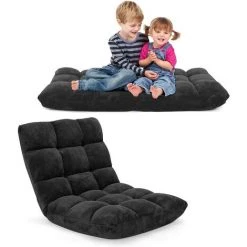 RELAX4LIFE Fauteuil Bas Multiposition Réglable En 14 Angles, Chauffeuse Convertible En Molleton Corail Fauteuil Paresseux 1 Place Adulte Enfant Rembourré Charge 120kg, 105x57x15CM(Noir)