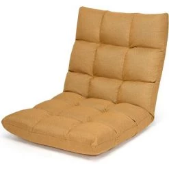 RELAX4LIFE Fauteuil Bas Multiposition Réglable En 14 Angles, Chauffeuse Convertible En Lin Fauteuil Paresseux 1 Place Adulte Enfant Rembourré Charge 120kg, 105x57x15CM(Jaune En Lin)