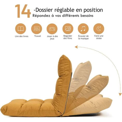 RELAX4LIFE Fauteuil Bas Multiposition Réglable En 14 Angles, Chauffeuse Convertible En Lin Fauteuil Paresseux 1 Place Adulte Enfant Rembourré Charge 120kg, 105x57x15CM(Jaune En Lin) 6 RELAX4LIFE Fauteuil Bas Multiposition Réglable En 14 Angles, Chauffeuse Convertible En Lin Fauteuil Paresseux 1 Place Adulte Enfant Rembourré Charge 120kg, 105x57x15CM(Jaune En Lin) â Image 4