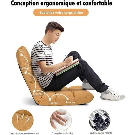 RELAX4LIFE Fauteuil Bas Multiposition Réglable En 14 Angles, Chauffeuse Convertible En Lin Fauteuil Paresseux 1 Place Adulte Enfant Rembourré Charge 120kg, 105x57x15CM(Jaune En Lin) 7 RELAX4LIFE Fauteuil Bas Multiposition Réglable En 14 Angles, Chauffeuse Convertible En Lin Fauteuil Paresseux 1 Place Adulte Enfant Rembourré Charge 120kg, 105x57x15CM(Jaune En Lin) â Image 5