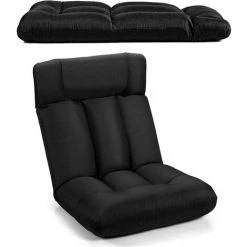 RELAX4LIFE Chaise De Sol Pliable Avec Dossier Réglables En 5 Positions Et Appui-Tête, Canapé Paresseux Pour Lire, Jouer, Méditer, Charge Max 150KG, 61 X 67 X 74CM, Marron/Noir/Gris (Noir)