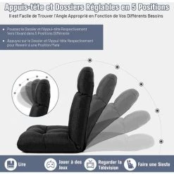 RELAX4LIFE Chaise De Sol Pliable Avec Dossier Réglables En 5 Positions Et Appui-Tête, Canapé Paresseux Pour Lire, Jouer, Méditer, Charge Max 150KG, 61 X 67 X 74CM, Marron/Noir/Gris (Noir) -Pas Cher Fauteuil Magasin 60464689 3