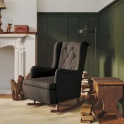 FIMEI Fauteuil Avec Pieds à Bascule Bois D'hévéa Gris Foncé Velours