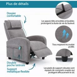 DNU Fauteuil Inclinable De Massage Et Chauffant, Fauteuil De Relaxation, Gris Clair -Pas Cher Fauteuil Magasin 63643837 4