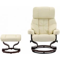SUPERMARKET Fauteuil Inclinable Repose-pied Crème Similicuir Et Bois Courbé -Pas Cher Fauteuil Magasin 63664091 3