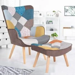 IDMARKET Fauteuil Scandinave IVAR Avec Repose Pieds En Tissu Patchwork Multicouleurs