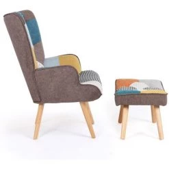 IDMARKET Fauteuil Scandinave IVAR Avec Repose Pieds En Tissu Patchwork Multicouleurs -Pas Cher Fauteuil Magasin 63727348 3