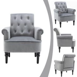 JN.SONGS Fauteuil Relax Chaise Longue Dossier Boutons Pour Salon Chambre à Coucher, Velours Gris Vintage 86x69x74 Cm -Pas Cher Fauteuil Magasin 63780413 3