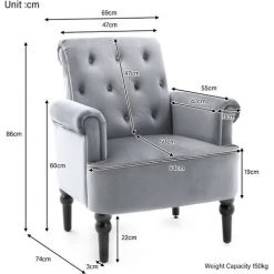 JN.SONGS Fauteuil Relax Chaise Longue Dossier Boutons Pour Salon Chambre à Coucher, Velours Gris Vintage 86x69x74 Cm -Pas Cher Fauteuil Magasin 63780413 5