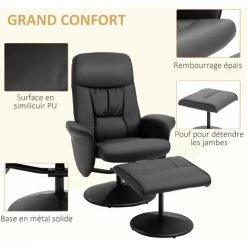 HOMCOM Fauteuil Relax Inclinable Pivotant Style Contemporain Avec Repose-pied Revêtement Synthétique Noir - Noir 11 HOMCOM Fauteuil Relax Inclinable Pivotant Style Contemporain Avec Repose-pied Revêtement Synthétique Noir - Noir -Pas Cher Fauteuil Magasin 64017044 5
