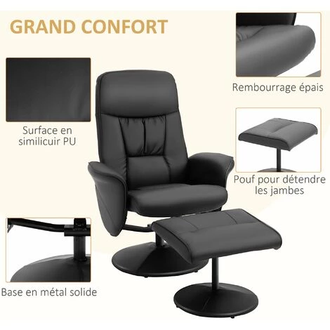 HOMCOM Fauteuil Relax Inclinable Pivotant Style Contemporain Avec Repose-pied Revêtement Synthétique Noir - Noir 7 HOMCOM Fauteuil Relax Inclinable Pivotant Style Contemporain Avec Repose-pied Revêtement Synthétique Noir - Noir – Image 5