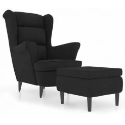 VidaXL Fauteuil à Oreilles Avec Tabouret Noir Velours - Noir -Pas Cher Fauteuil Magasin 64060466 2