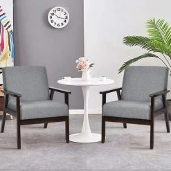 RELAX4LIFE Fauteuil Salon En Bois Caoutchouc, Chaise Rembourrée En Tissu De Lin Charge Max 150KG Pour Chambre Salon Salle (1 Place, Gris) -Pas Cher Fauteuil Magasin 64130121 3