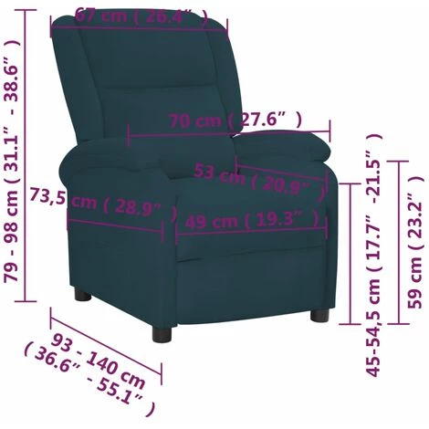 VidaXL Fauteuil Inclinable Bleu Velours - Bleu 5 VidaXL Fauteuil Inclinable Bleu Velours - Bleu – Image 3