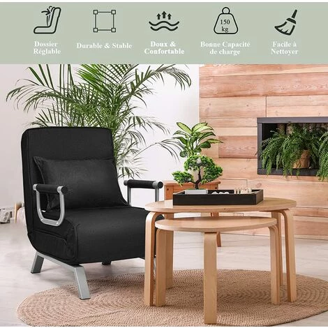 RELAX4LIFE Fauteuil Convertible, Canapé-Lit Pliable Avec Coussin, 2 Accoudoirs Et Dossier Réglable à 5 Positions, Housse Déhoussable Pour Bureau, Salon, Balcon, Noir/Gris Clair/Marron/Gris/Bleu (Noir) 7 RELAX4LIFE Fauteuil Convertible, Canapé-Lit Pliable Avec Coussin, 2 Accoudoirs Et Dossier Réglable à 5 Positions, Housse Déhoussable Pour Bureau, Salon, Balcon, Noir/Gris Clair/Marron/Gris/Bleu (Noir) – Image 5
