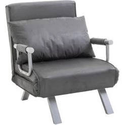 HOMCOM Fauteuil Chauffeuse Canapé-lit Convertible 1 Place Déhoussable Grand Confort Coussin Pieds Accoudoirs Métal Suède Gris - Gris