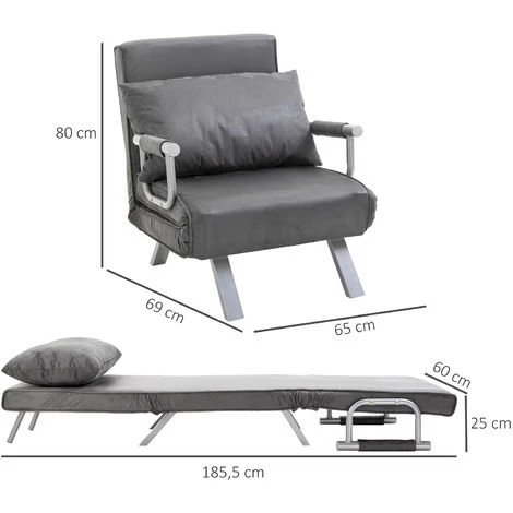 HOMCOM Fauteuil Chauffeuse Canapé-lit Convertible 1 Place Déhoussable Grand Confort Coussin Pieds Accoudoirs Métal Suède Gris - Gris 5 HOMCOM Fauteuil Chauffeuse Canapé-lit Convertible 1 Place Déhoussable Grand Confort Coussin Pieds Accoudoirs Métal Suède Gris - Gris – Image 3