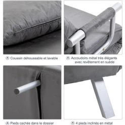 HOMCOM Fauteuil Chauffeuse Canapé-lit Convertible 1 Place Déhoussable Grand Confort Coussin Pieds Accoudoirs Métal Suède Gris - Gris 11 HOMCOM Fauteuil Chauffeuse Canapé-lit Convertible 1 Place Déhoussable Grand Confort Coussin Pieds Accoudoirs Métal Suède Gris - Gris -Pas Cher Fauteuil Magasin 6812136 5