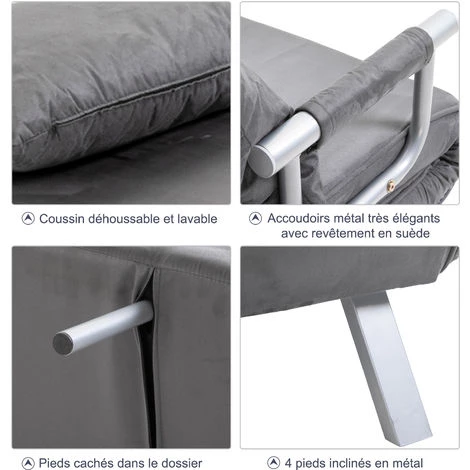 HOMCOM Fauteuil Chauffeuse Canapé-lit Convertible 1 Place Déhoussable Grand Confort Coussin Pieds Accoudoirs Métal Suède Gris - Gris 7 HOMCOM Fauteuil Chauffeuse Canapé-lit Convertible 1 Place Déhoussable Grand Confort Coussin Pieds Accoudoirs Métal Suède Gris - Gris – Image 5